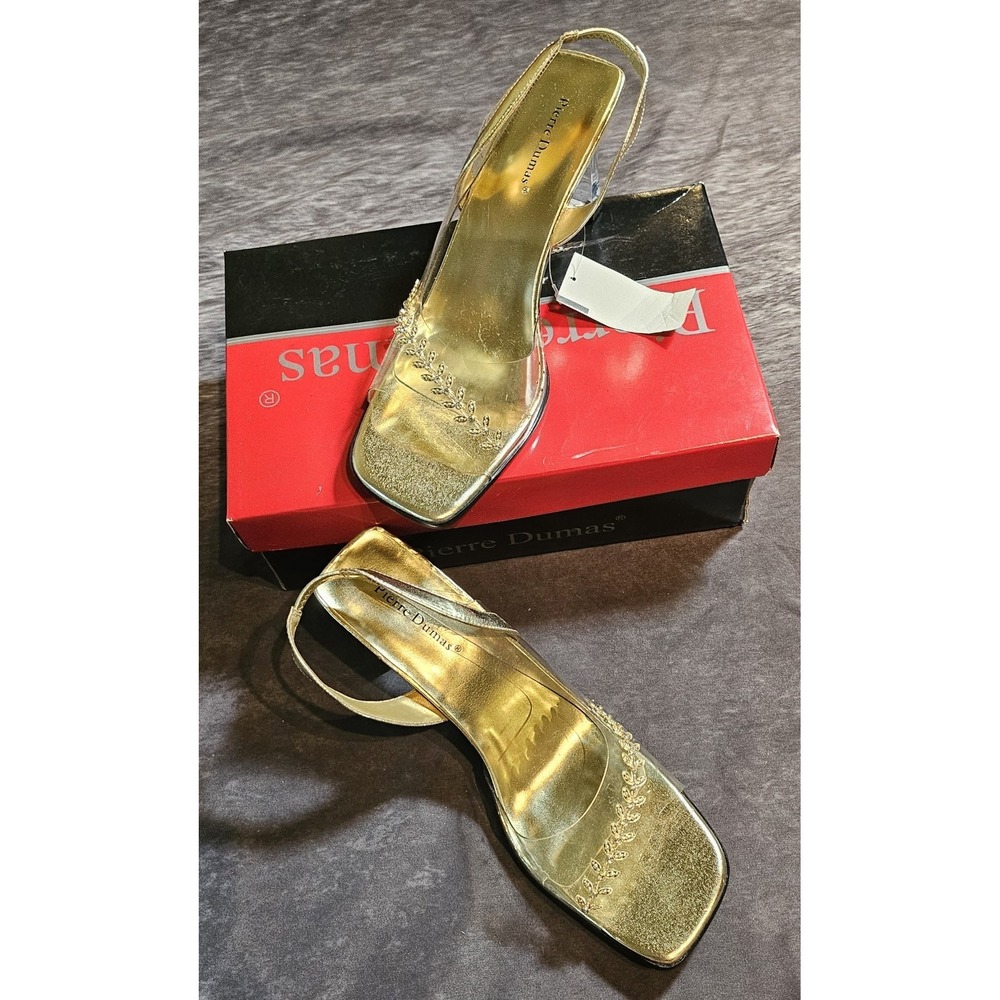 Pierre Dumas Gold Clear Slingback Heels Sandals Leaf Rhinestone Women's SZ 11